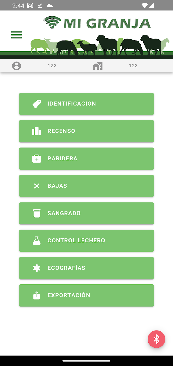 Menú Mi Granja - Aplicación para el control de animales